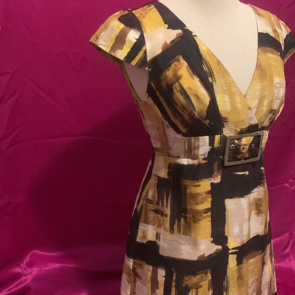Sandra Angelozzi size 34 , SILK yellow/black A-line belted dress,